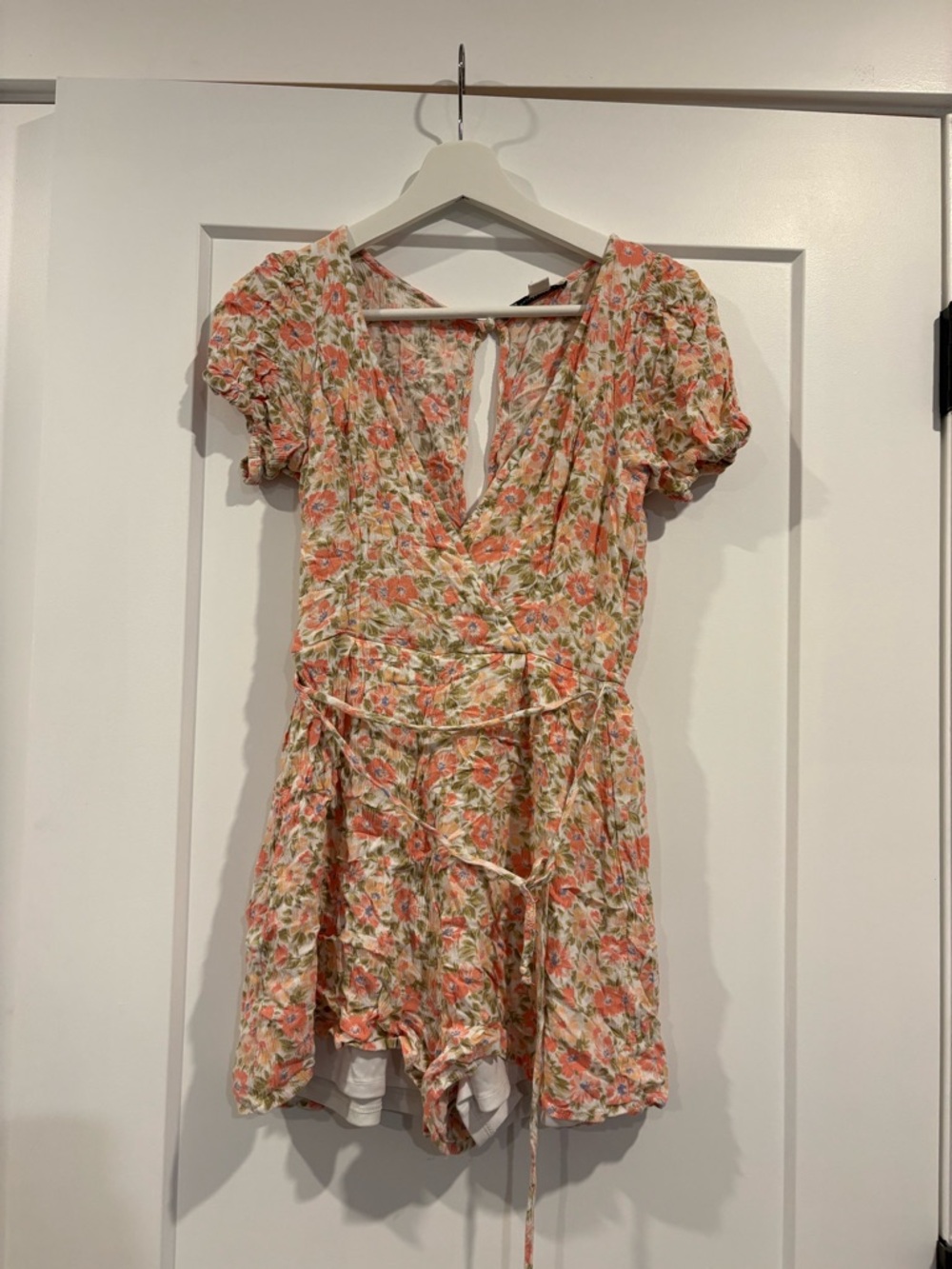 American Eagle Outfitters Coral and Cream Floral Wrap Mini Dress